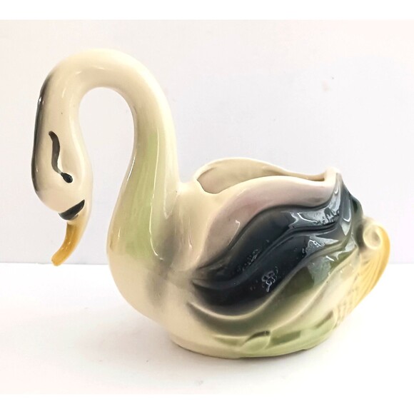VTG  Mid Century Swan Planter Ceramic Made in USA Green/Pink/Blk  Paint Wash - Picture 12 of 12
